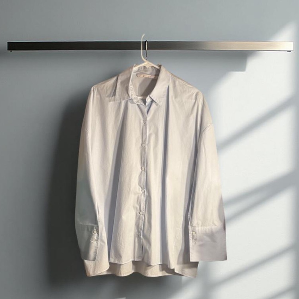 Zara Light Blue Oversized Button Down Shirt with Dragon Graphics and Large Cuffs